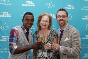Honoree Marcus Samulesson, President of James Beard Foundation Susan Ungaro, and honoree Ted Allen at the James Beard Foundation's Chef & Champagne New York at Wölffer Estate Vineyard in the Hamptons on July 21, 2012. (Photo by Mark Von Holden)